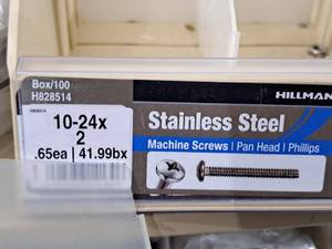 lot 616 image: Lot of (100) Hillman Stainless Steel Machine Screws 10-24x2  Pan Head  Phillips Drive #H828514