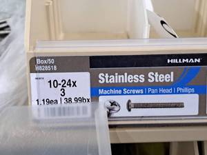 lot 619 image: Lot of (58) Hillman Stainless Steel Machine Screws 10-24x3  Pan Head  Phillips Drive #H828518