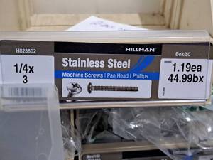 lot 627 image: Lot of (37) Hillman Stainless Steel Machine Screws 14x3  Pan Head  Phillips Drive #H828602