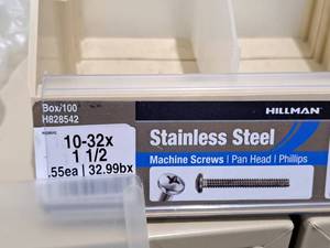 lot 630 image: Lot of (200) Hillman Stainless Steel Machine Screws 10-32x12  Pan Head  Phillips Drive #H828542