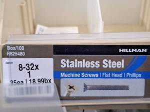 lot 638 image: Lot of (200) Hillman Stainless Steel Machine Screws 8-32x1  Flat Head  Phillips Drive #H825480