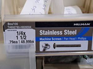 lot 649 image: Lot of (50) Hillman Stainless Steel Machine Screws 14x1-12  Pan Head  Phillips Drive #H828594