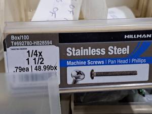 lot 650 image: Lot of (100) Hillman Stainless Steel Machine Screws 14x1-12  Pan Head  Phillips Drive #H828594