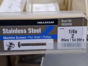 lot 652 image: Lot of (100) Hillman Stainless Steel Machine Screws 12x2  Pan Head  Phillips Drive #H828598