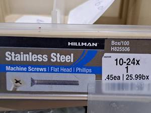 lot 655 image: Lot of (100) Hillman Stainless Steel Machine Screws 10-24x1  Flat Head  Phillips Drive #H825506