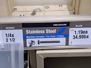lot 657 image: Lot of (60) Hillman Stainless Steel Machine Screws 14x2-12  Pan Head  Phillips Drive #H828600