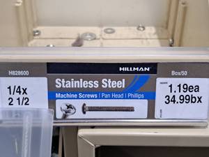 lot 658 image: Lot of (50) Hillman Stainless Steel Machine Screws 14x2-12  Pan Head  Phillips Drive #H828600