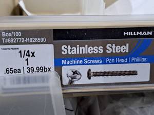 lot 662 image: Lot of (100) Hillman Stainless Steel Machine Screws 14x1  Pan Head  Phillips Drive #H828590