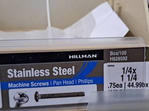 lot 664 image: Lot of (175) Hillman Stainless Steel Machine Screws 14x1-14  Pan Head  Phillips Drive #H828592