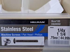 lot 665 image: Lot of (100) Hillman Stainless Steel Machine Screws 14x1-14  Pan Head  Phillips Drive #H828592