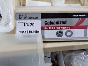 lot 690 image: Lot of (350) Hillman 14-20 Galvanized Hex Nut & Flat Washer #H810503