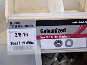 lot 696 image: Lot of (200) Hillman 38-16 Galvanized Hex Nut & Flat Washer #H810509