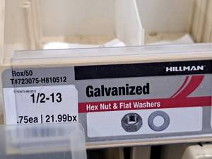 lot 701 image: Lot of (100) Hillman 12-13 Galvanized Hex Nut & Flat Washer #H810512