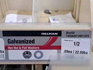 lot 702 image: Lot of (82) Hillman 12 Galvanized Hex Nut & Flat Washer #H811073
