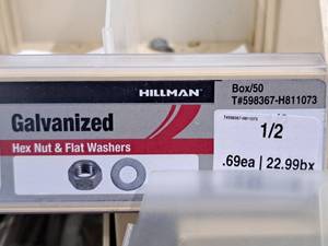 lot 703 image: Lot of (100) Hillman 12 Galvanized Hex Nut & Flat Washer #H811073