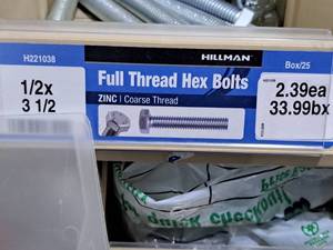 lot 708 image: Lot of (13) Hillman Zinc Full Thread Bolts 12x3-12  Hex Head  Coarse Thread #H221038