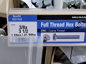 lot 710 image: Lot of (45) Hillman Zinc Full Thread Bolts 38x3-12  Hex Head  Coarse Thread #H221028