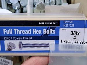 lot 711 image: Lot of (19) Hillman Zinc Full Thread Bolts 38x4  Hex Head  Coarse Thread #H221029