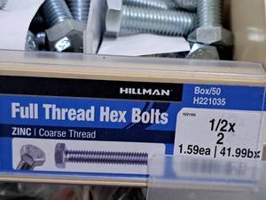 lot 713 image: Lot of (21) Hillman Zinc Full Thread Bolts 12x2  Hex Head  Coarse Thread #H221035