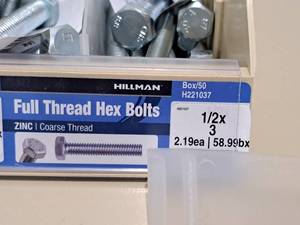 lot 717 image: Lot of (29) Hillman Zinc Full Thread Bolts 12x3  Hex Head  Coarse Thread #H221037