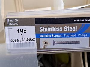 lot 723 image: Lot of (100) Hillman Stainless Steel Machine Screws 14x1  Flat Head  Phillips Drive #H825590