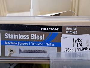 lot 724 image: Lot of (50) Hillman Stainless Steel Machine Screws 14x1-14  Flat Head  Phillips Drive #H825592