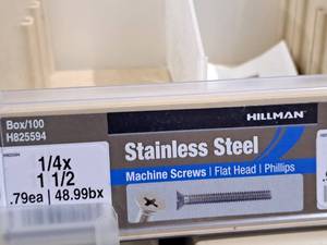 lot 727 image: Lot of (100) Hillman Stainless Steel Machine Screws 14x1-12  Flat Head  Phillips Drive #H825594