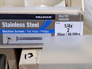 lot 728 image: Lot of (200) Hillman Stainless Steel Machine Screws 14x2  Flat Head  Phillips Drive #H825598