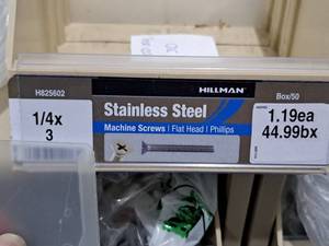 lot 731 image: Lot of (30) Hillman Stainless Steel Machine Screws 14x3  Flat Head  Phillips Drive #H825602