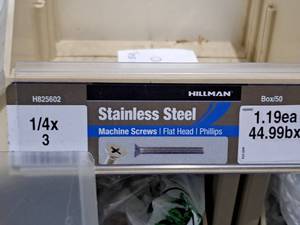 lot 732 image: Lot of (100) Hillman Stainless Steel Machine Screws 14x3  Flat Head  Phillips Drive #H825602
