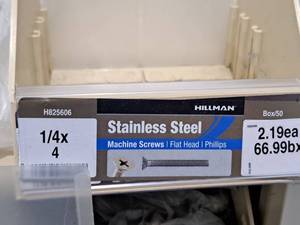 lot 734 image: Lot of (50) Hillman Stainless Steel Machine Screws 14x4  Flat Head  Phillips Drive #H825606