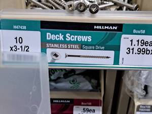 lot 736 image: Lot of (116) Hillman Stainless Steel Deck Screws 10x3-12  Square Drive #H47438
