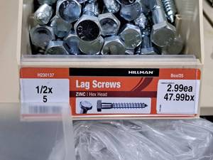 lot 737 image: Lot of (45) Hillman Zinc Lag Screws 12x5  Hex Head #H230137