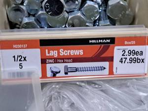 lot 738 image: Lot of (25) Hillman Zinc Lag Screws 12x5  Hex Head #H230137
