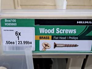 lot 748 image: Lot of (100) Hillman Brass Wood Screws 6x1  Flat Head  Phillips Drive #H385660