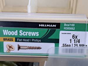 lot 749 image: Lot of (200) Hillman Brass Wood Screws 6x1-14  Flat Head  Phillips Drive #H385662