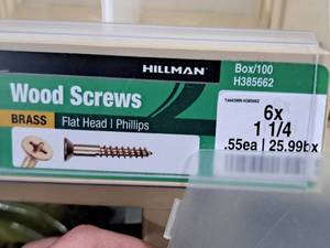 lot 750 image: Lot of (200) Hillman Brass Wood Screws 6x1-14  Flat Head  Phillips Drive #H385662