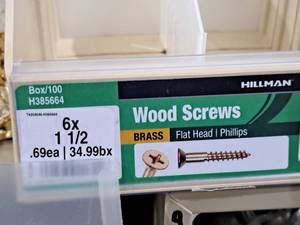 lot 752 image: Lot of (100) Hillman Brass Wood Screws 6x1-12  Flat Head  Phillips Drive #H385664