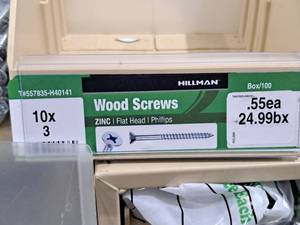 lot 756 image: Lot of (100) Hillman Zinc Wood Screws 10x3  Flat Head  Phillips Drive #H40141
