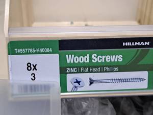 lot 777 image: Lot of (200) Hillman Zinc Wood Screws 8x3  Flat Head  Phillips Drive #H40084
