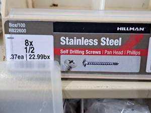 lot 787 image: Lot of (200) Hillman Stainless Steel Self Drilling Screws 8x12  Pan Head  Phillips Drive #H822600