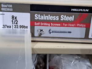 lot 788 image: Lot of (100) Hillman Stainless Steel Self Drilling Screws 8x12  Pan Head  Phillips Drive #H822600