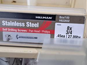 lot 789 image: Lot of (200) Hillman Stainless Steel Self Drilling Screws 8x34  Pan Head  Phillips Drive #H822602