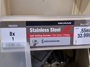 lot 791 image: Lot of (250) Hillman Stainless Steel Self Drilling Screws 8x1  Pan Head  Phillips Drive #H822604