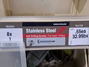 lot 792 image: Lot of (100) Hillman Stainless Steel Self Drilling Screws 8x1  Pan Head  Phillips Drive #H822604
