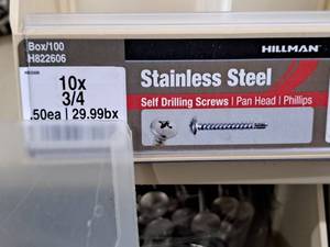 lot 793 image: Lot of (200) Hillman Stainless Steel Self Drilling Screws 10x34  Pan Head  Phillips Drive #H822606