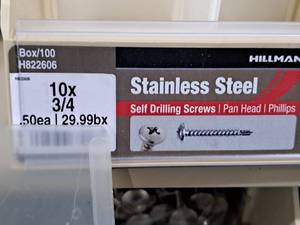 lot 794 image: Lot of (100) Hillman Stainless Steel Self Drilling Screws 10x34  Pan Head  Phillips Drive #H822606