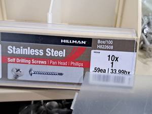 lot 795 image: Lot of (100) Hillman Stainless Steel Self Drilling Screws 10x1  Pan Head  Phillips Drive #H822608