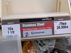 lot 797 image: Lot of (115) Hillman Stainless Steel Self Drilling Screws 10x1-12  Pan Head  Phillips Drive #H822610