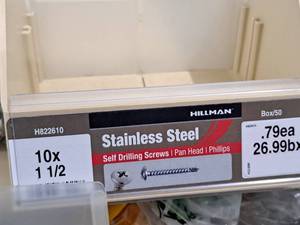 lot 798 image: Lot of (200) Hillman Stainless Steel Self Drilling Screws 10x1-12  Pan Head  Phillips Drive #H822610